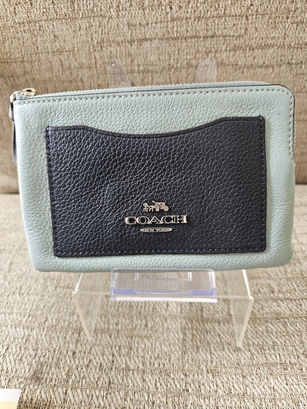 Coach Mint Green and Black Leather Zip Card Wallet EUC COA